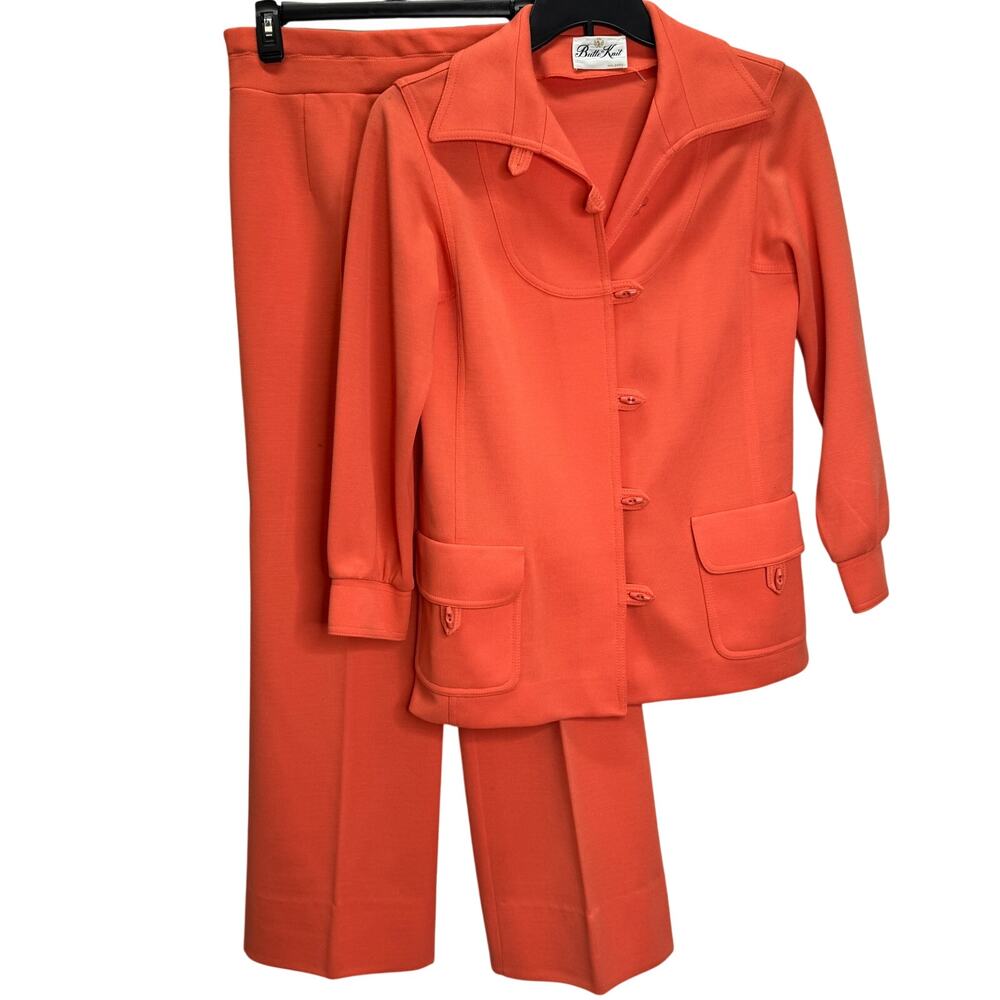 Vintage 70s Suite Butte Knit 2 Piece Leisure Pant Suit Womens 14 Coral Orange